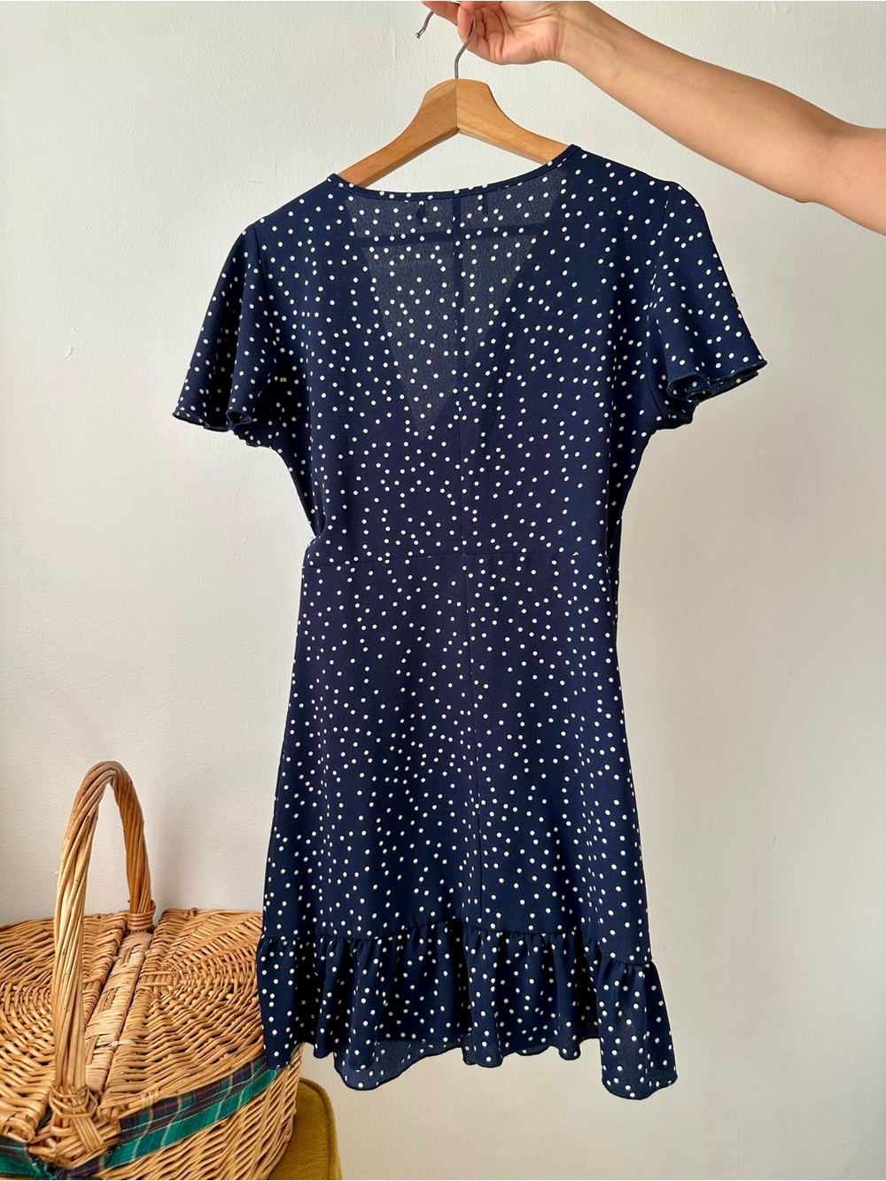 Navy blue polka dot wrap dress with ruffle hem
Size small - Picture 4 of 4